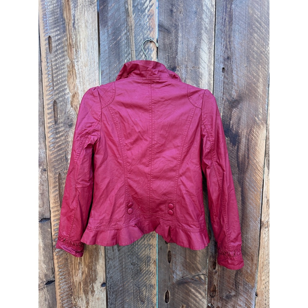 Red Ruffle Faux Leather Jacket Small Moto Biker Cropped Fashion On The Run - Picture 7 of 14